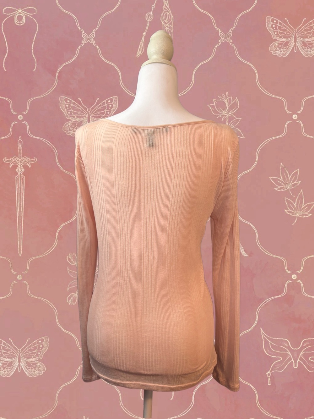 Peach Ribbed Henley Top - Picture 2 of 3